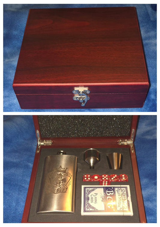 Casino Fathers Day themed flask gift set in Rosewood display box