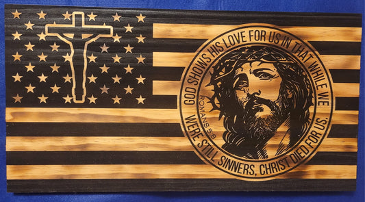 Christian themed American flag with the verse Romans 5:8