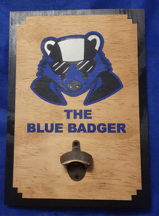 The Blue Badger themed bottle opener plaque