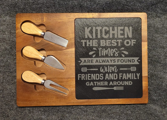 Friends and family gather kitchen themed acacia wood / slate cheese set with tools