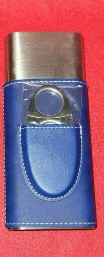 Blue Leather Engraved Cigar holder with cutter