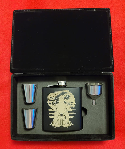 Motorcycle themed flask gift set in a black leather box