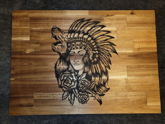 Native American Themed Walnut butcher block Cutting Board